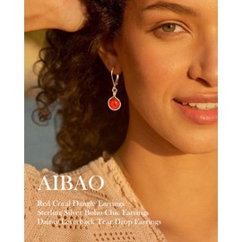AIBAO Red Coral Earrings for Women Dangling 14K Gold Plated Western Boho Jewelry 925 Sterling Silver Dainty Leverback Tear Drop Earrings