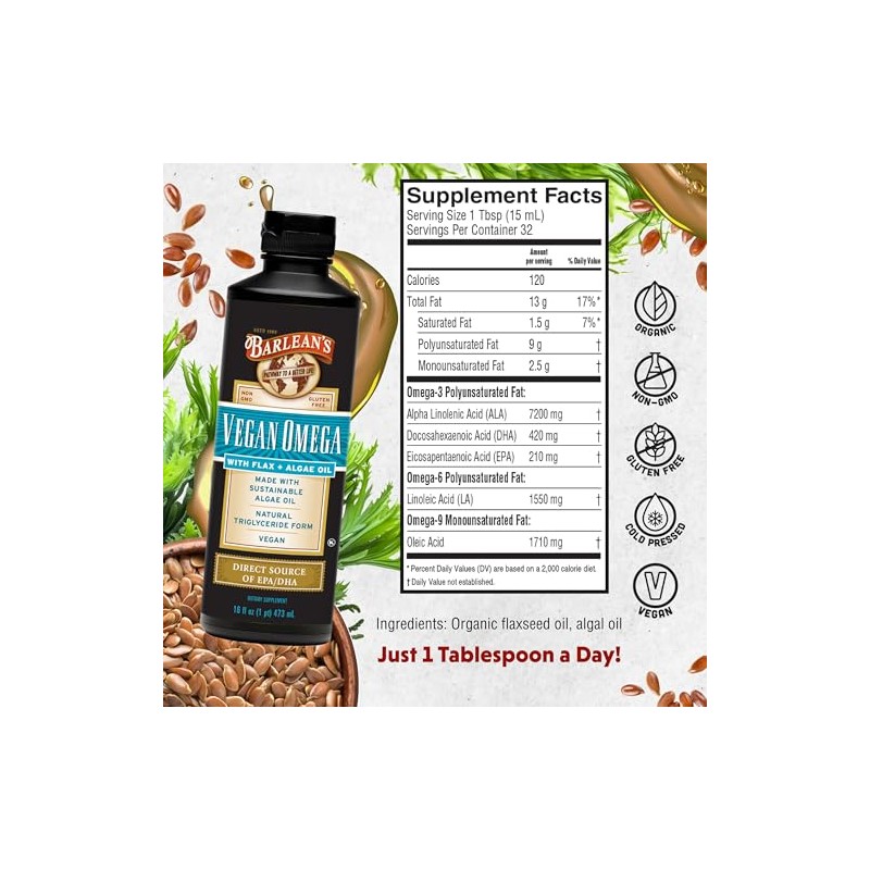 SunnyBay- Barleans Vegano Omega Líquido de Lino y Algas a