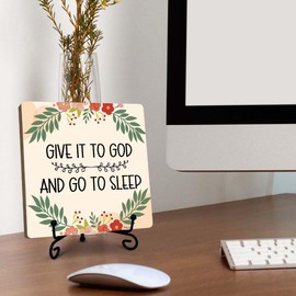 FUQWZ Give It to God and Go to sleep Sign Bedroom Decor, Healing Positive Wooden Plaque With Iron Stand, Table Decor For Home Bedroom Living Room Shelf Desk, Gifts For Thanksgiving Christmas(009)