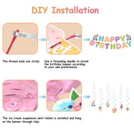 Birthday Decorations, Happy Birthday Banner Sign with Ice Cream Hanging Swirls Streamers, Lovely Happy Birthday Party Decorations for Kids Girls Boys