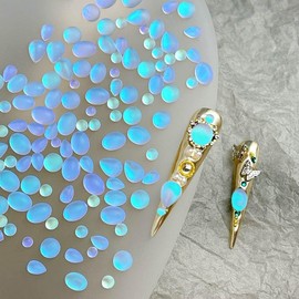 100Pcs Mix Shape Size Translucent Blue Tears Nail Charms 3D Iridescent Aurora Teardrop Nail Rhinestones Matte Blue Holographic Nail Gems Luxury Tears Nail Art Accessories for Women DIY Manicure Decor