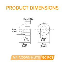 Lyeteung 50 Pieces M4 Hexagonal Acorn Nuts Stainless Steel Hex Acorn Dome Head Hex Nuts for Screws Bolts