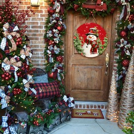 Dacawin Winter Snowman Door Sign Welcome Xmas Cardinal Birds Signs for Front Door Funny Pines Poinsettia Holly Berry Board Red Snowflake Wood Round Hanging Plaque for Happy Holiday Farmhouse