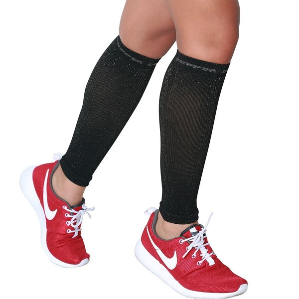 Calf Sleeves - #1 Compression Leg Sleeve for Runners - Men and Women Shin Sleeves (Black with Copper Yarn, Small/Medium)