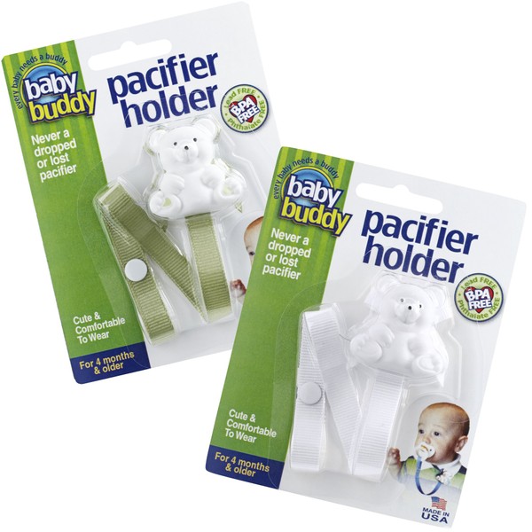 Baby Buddy Pacifier Clip Holder, Newborn Essential with Universal Fit for all Binky and Teether Brands, Ages 4+ Months, Sage + White, 2 Pack