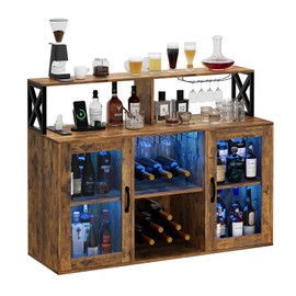 GarveeHome Bar Cabinet, Liquor Cabinet for Home with Power Outlets, Led Lights and Glass Holder, Wine Cabinet with Storage and Racks for Home, Kitchen, Brown