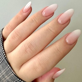 GLAMERMAID Ombre Pink Press on Nails Medium Almond, Natural White Crush Nails, Stiletto Fake Nails with French Design, Short Oval Stick Glue on Nails Tips for Women, Reusable Acrylic False Nail Kits