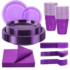 WELLIFE 210Pcs Purple Plastic Plates,Clear Purple Plastic Dinnerware Set,Party Supplies Including Clear Plates, 12OZ Cups, plastic Cutlery and Napkins Serve 30 Guests, Disposable Plates for Party