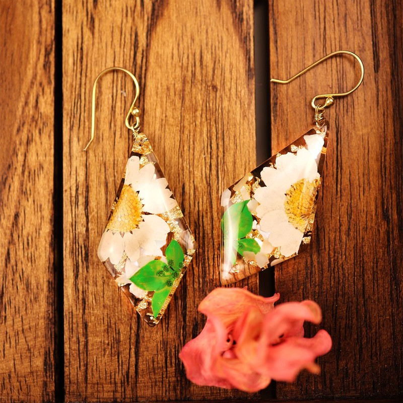 Pressed Flower Handmade Earrings Dangle Geometric Rhombus Sterling Silver Stud