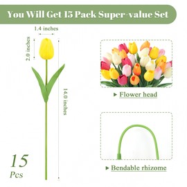 SITUMEIZI Fake Flowers Tulips Artificial Silk Flower 15pcs Real Touch 14" for Spring Easter Home Kitchen Wedding Bouquet Bulk Mother's Gift Day Decorations(Multicolor,5-1)