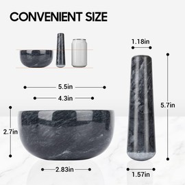Tera Marble Mortar and Pestle Set Large Solid Stone Grinder Spice Herb Grinder Pill Crusher (Black, Diameter 5.5")