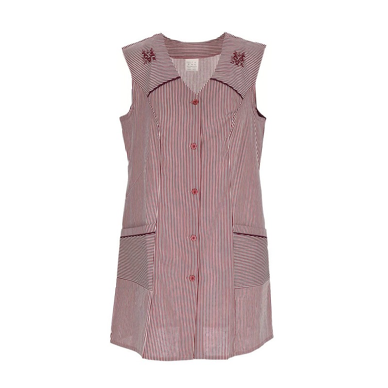 7/8 Tunic Cotton Striped Short Sleeveless Cooking Apron, Bordeaux -