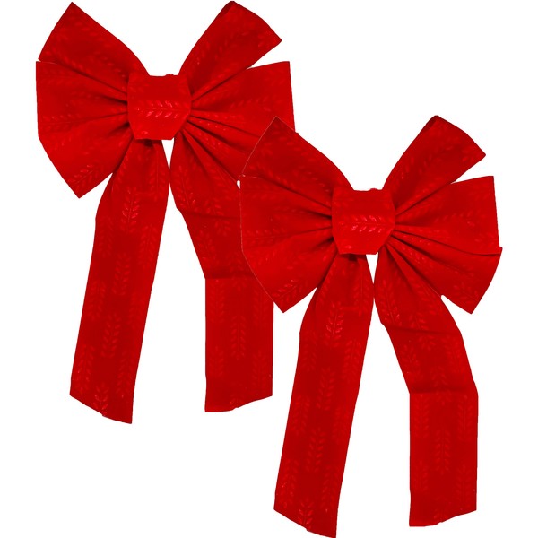 Christmas Holiday Large Red Velvet Bow with Holly Leaf Imprint- 22" Long 10" Wide (2 Bows)