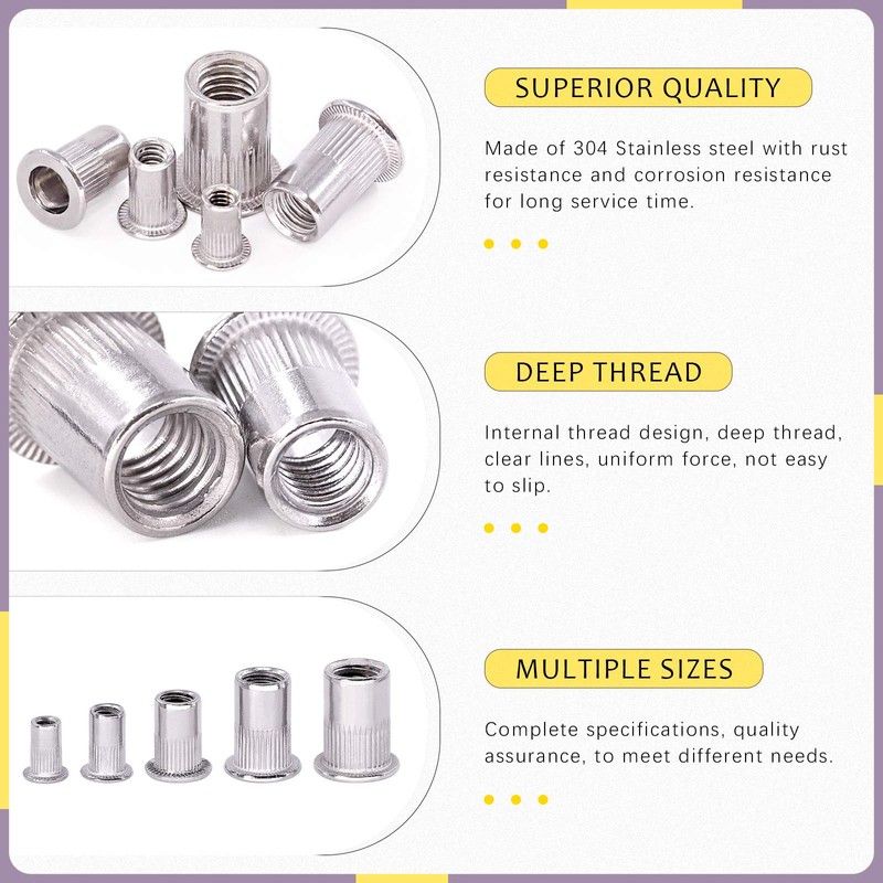 Swpeet 181Pcs 304 Stainless Steel #8-32#10-24 1/4"-20 5/16"-18 3/8"-16 Rivet
