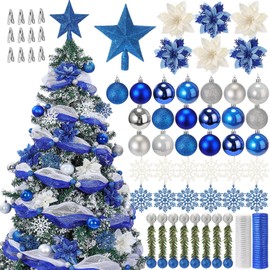 Maysing 75 Pcs Christmas Tree Decoration Set Gift Christmas Ball Ornament Star Tree Topper Glitter Poinsettia Flowers Hanging Snowflakes Mesh Ribbon Bendable Ties for Xmas Holiday Party(Blue)