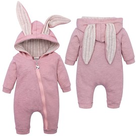 PUPYGIYUC Baby Bunny Easter Outfit Baby Hoodie Romper Onesie with 3D Bunny Ear Hat 0-3 Months Pink