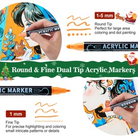 12 Colors Dual Tip Acrylic Paint Markers, Premium Dot & Fine Tip Coloring Paint Pens for Rock, Wood, Fabric, Canvas, Glass, Paper, Ceramic, Scrapbook, Vision Board and DIY Crafts Supplies Art Gifts