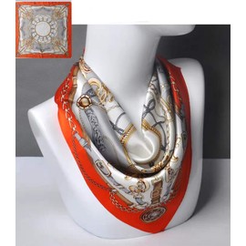 ANDANTINO 100% Small Square Pure Mulberry Silk Scarf -21'' x 21''- Breathable Lightweight Neckerchief -Digital Printed Headscarf (Orange-Chains)
