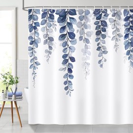 Bonhause Shower Curtain Eucalyptus Blue Leaves Watercolour Plant Shower Curtains 180 x 180 cm Anti-Mould Waterproof Polyester Fabric Washable Bathroom Curtain for Bathroom with 12 Hooks
