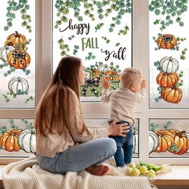 JarThenaAMCS 9 Sheet Fall Window Clings Eucalyptus Harvest Orange White Pumpkin Truck Window Stickers Autumn Thanksgiving Double-Side Glass Decals for Home Party Decor, 7.9 x 11.8 Inch