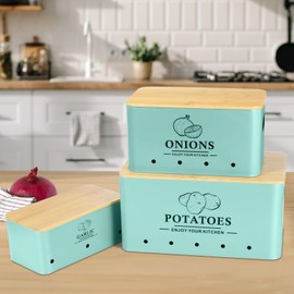 Dekosilave Kitchen Vegetable Storage Set of 3, Metal Onion Garlic Potato Storage Set, Kitchen Canisters Vegetable Keeper Containers with Aerating Holes and Wooden Lid (Blue)