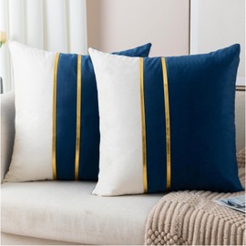 ZLINA Set of 2 Velvet Decorative Throw Pillow Covers Navy Blue White Patchwork with Gold Leather Pillow Covers 22 × 22 Inch Cushion Covers Decor Living Room Sofa Bedroom Car