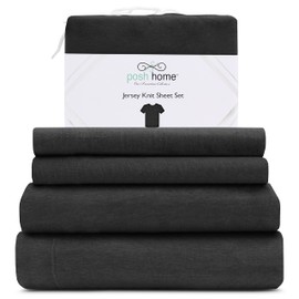 Posh Home Jersey Knit Sheet Set – 3-Piece Jersey Bed Sheets – T-Shirt Breathable & Soft Cotton Jersey Sheets - Includes Flat Sheet, Jersey Fitted Sheet, & 1 Pillowcase - Twin Jersey Sheets, Black