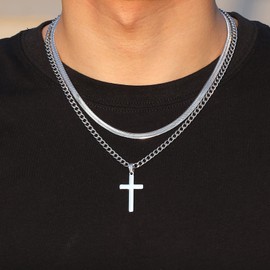 Zocomi Cross Necklace for Men Boys Stainless Steel Layered Herringbone Double Chains Cross Pendant Christian Religious Valentines Confirmation Necklaces Jewelry Gifts Male Him Teenage Silver