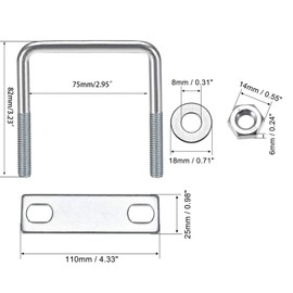 TOP-VIGOR 2 sets M8 Square U-Bolts, 82mm Inner Width 75mm Length Steel U-Bolts with Nut, Plate, Washer for Building Installations Mechanical Parts Connection Cehicles Ships