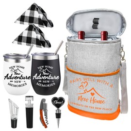 House Warming Gift New Home, Housewarming Gifts for New House for Couple, New Home Gifts for Home, New Home New Adventure New Memories Insulated Wine Cooler Tote Bag with Tumblers and Accessories