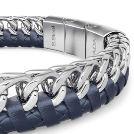 Dada Gioielli - Waterproof Men's Stainless Steel and Leather Bracelet Blue - Black - Brown - A Gift from the Heart Ideal for Birthday 2025, 21 cm, Adjustable, Stainless Steel Leather