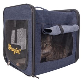 Wrangler Rope Denim Collapsible Dog Crate – Portable Pet Carrier for Cats & Dogs - Travel Dog Crate with Ventilated Mesh & Removable Sherpa Base - Stylish Dog Carrier for Indoor & Outdoor (L)