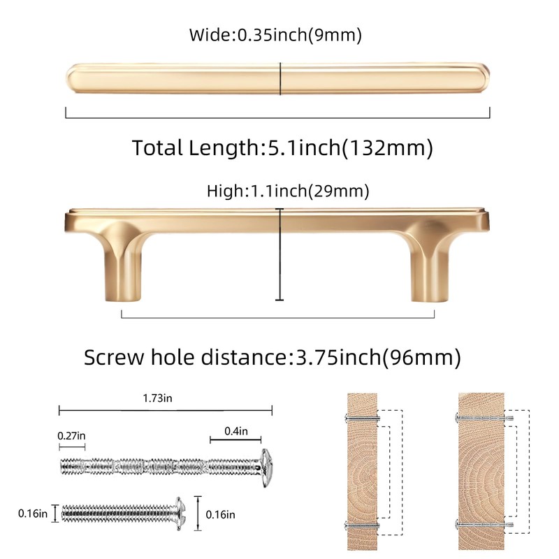 COTYKILEY 6 Pack 3.75 Inch(96mm) Champagne Copper Cabinet Handles Gold