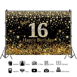 Sweet 16th Gold Happy Birthday Backdrop Black and Gold Birthday Backdrops Diamonds Photography Background for Boys Girls 16 Sixteen Years Old Party Banner Kids Photo Studio Props 7x5ft