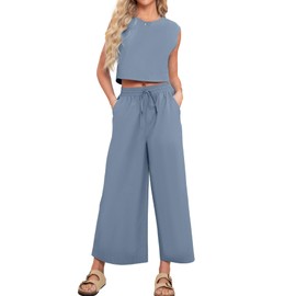 Glamaker Women's 2 Piece Linen Outfits Summer Beach Vacation Matching Sets Sleeveless Crop Top And Wide Leg Pants With Side Slit Blue S