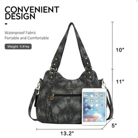 Angel Barcelo Roomy Fashion Hobo Womens Handbags Ladies Purse Satchel Shoulder Bags Tote Washed Leather Bag Black/Grey