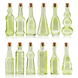 BULK PARADISE Small Mini Green Vintage Glass Bottles with Corks, Mini Vases, Decorative, Potion, Assorted Design Set of 12 pcs, 4.6 Inch Tall (11.43cm), 1.4 Inch Wide (3.56cm)