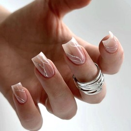 MERVF Square Press on Nails Medium Fake Nails White Ombre French Tip Glue on Nails with Sliver Glitter Stripe Design Press ons Acrylic Squoval False Nails for Women Glossy 24pcs