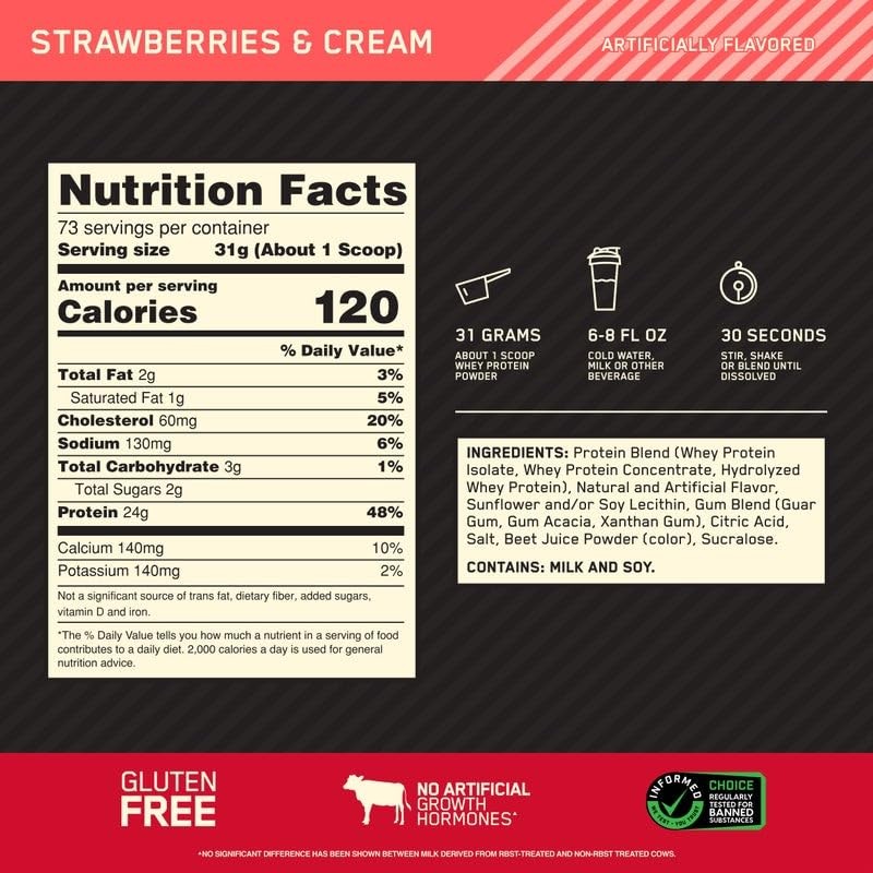 Optimum Nutrition Gold Standard 100% Whey Protein Powder, Strawberries &