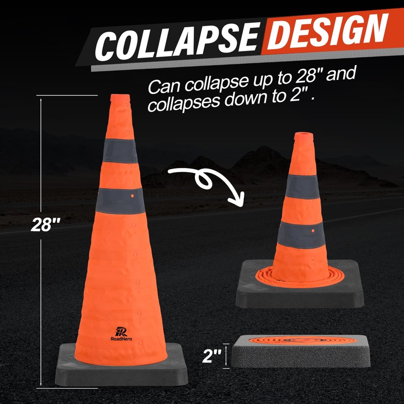 RoadHero 28 Inch 2 Pack Collapsible Traffic Cones with Weighted