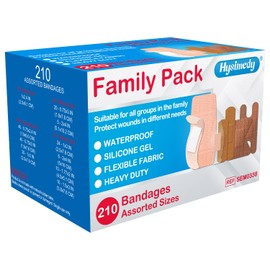 Hysimedy Adhesive Bandages Variety Pack 210 Counts Flexible Fabric Heavy Duty Waterproof Silicone Bandages Assorted Sizes Knuckle Bandages for Sensitive Skin Family Pack First Aid Kit Supplies