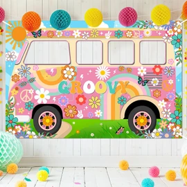 Lecheme Hippie Party Decorations Groovy Bus Banner 60s Daisy Backdrop Face Cutout 60s Photo Props Daisy Photo Background Party Supplies