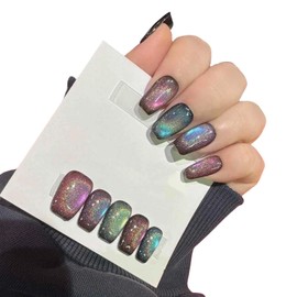 Medium Square Press on Nails Cat Eye Handmade False Nails with Designs, French Tip Short Coffin Reusable Fake Nails (Planet#Large)