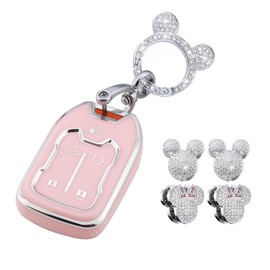 XUPEIXUN 6 Pcs Pink Car Accessories for Chevy GMC Silverado Sierra 1500 2500HD 3500HD Terrain Acadia 5 Buttons Key Fob Cover with Bling Keychain Cute Rhinestones Hooks