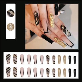 PUSCOBSY Press on Nails Long Coffin Fake Nails Black Gold False Nails Glossy Glitter Acrylic Nails Full Cover Artificial Stick on Nails for Women and Girls 24PCS