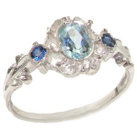 925 Sterling Silver Natural Aquamarine and Sapphire Womens Band Ring - Size 5