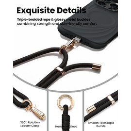 ORNARTO Adjustable Woven Phone Lanyard (1* Crossbody Lanyard, 1* Wrist Strap) with Premium Metal Buckle, Skin-Friendly and Durable for Woman Man, Universal Compatible with Cell Phones, Black