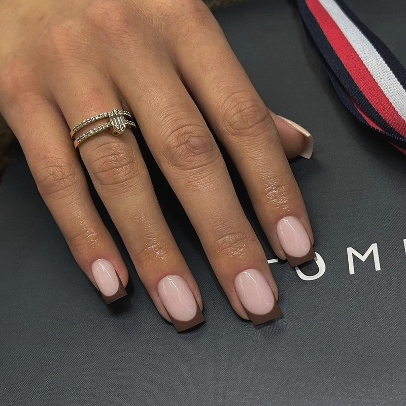 Brown French Tip Nails, Press Ons - Short Square Nails,
