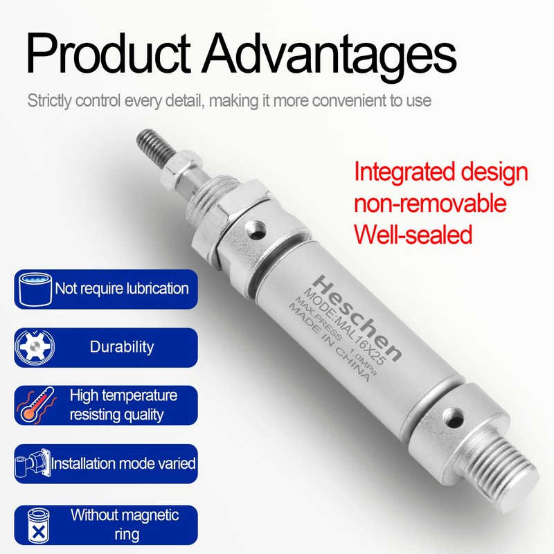 Heschen Pneumatic Slim Air Cylinder, M5 Port, 16mm Bore, 25mm