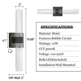 Black LED Wall Sconce Lights Warm Light Modern Crystal Wall Lights Vanity Lighting Fixtures Sconces for Bathroom Living Room Bedroom Dining Room Hallway